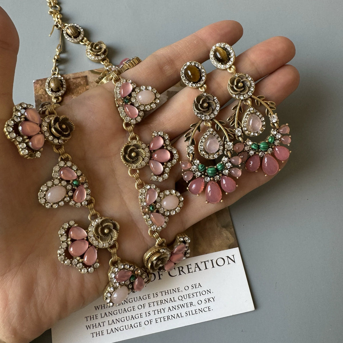 Vintage Rose Quartz & Malachite Statement Jewelry Set