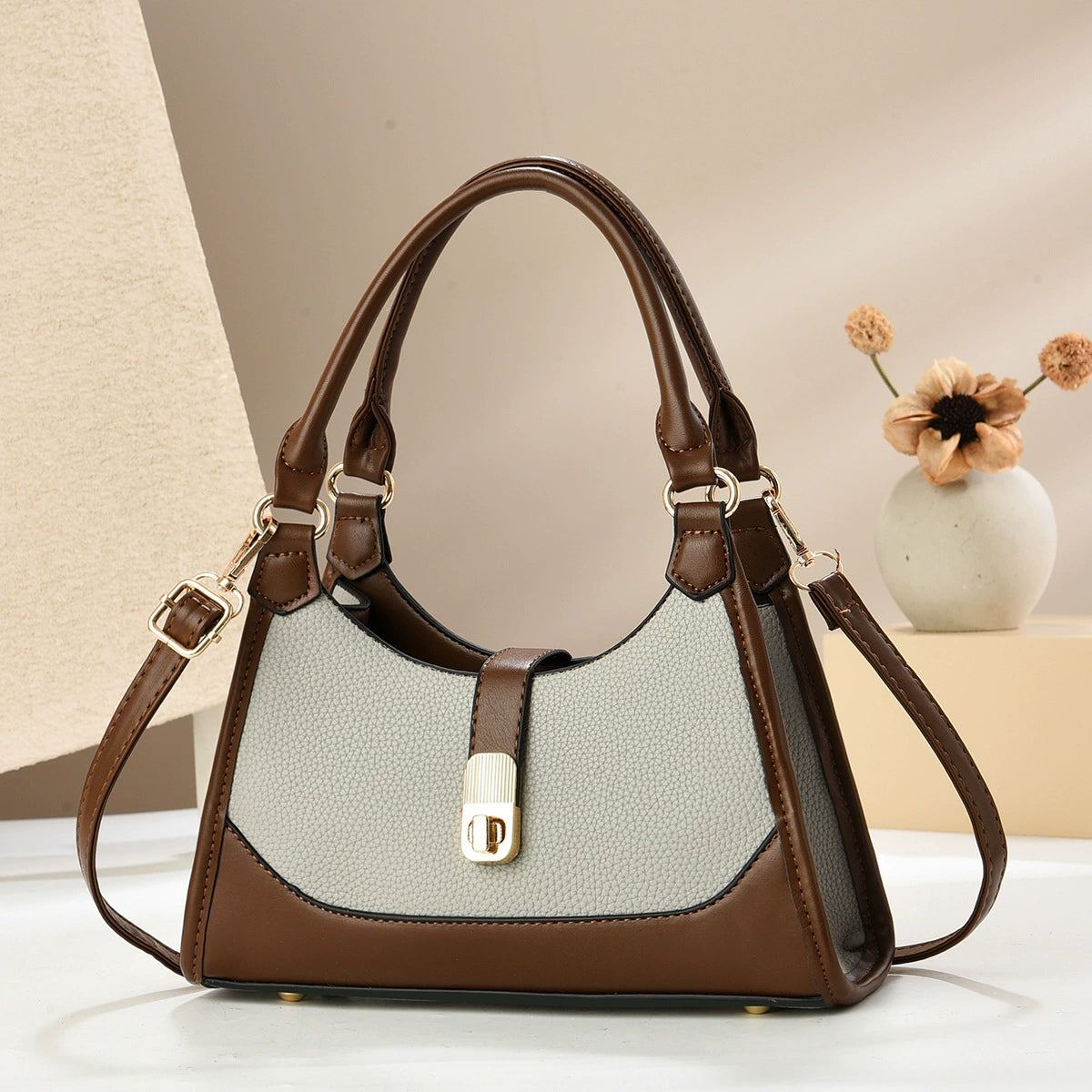 Elegant Two-Tone Faux Leather Handbag | Shoulder & Crossbody