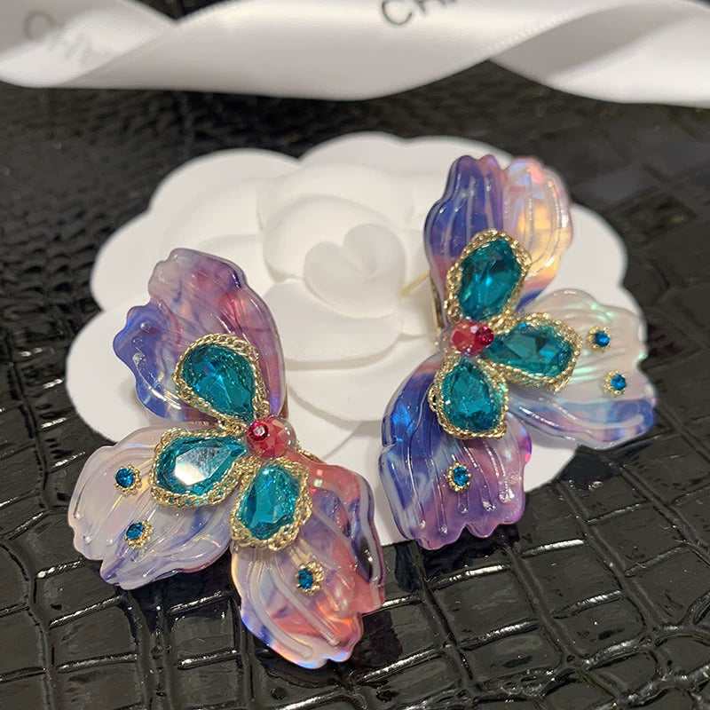 Vibrant Ombre Petal & Teal Crystal Statement Earrings
