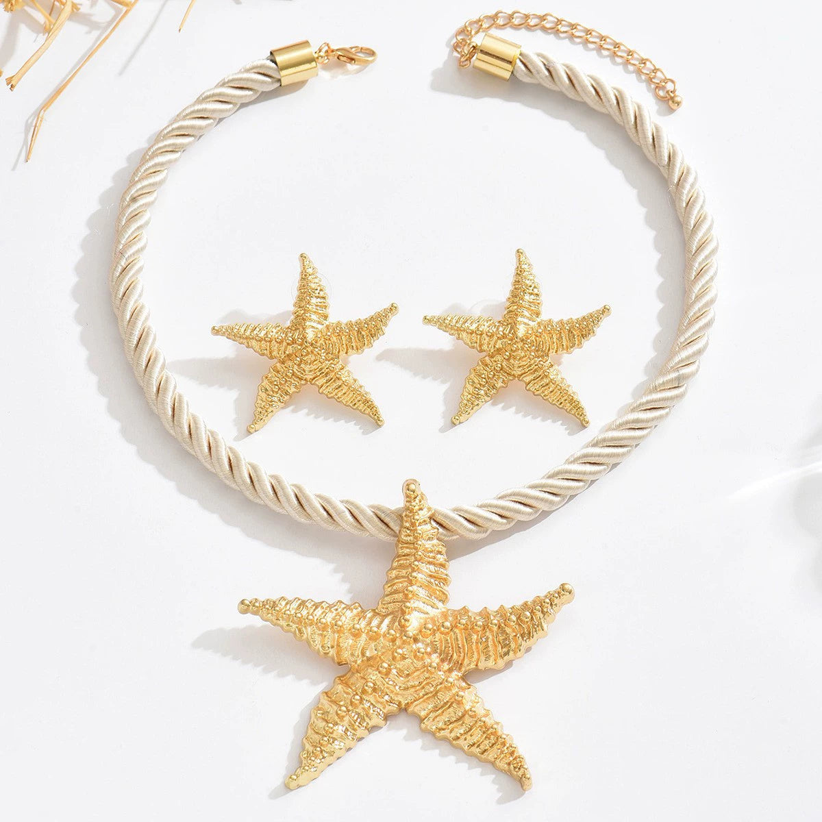 Golden Starfish Rope Choker Necklace & Stud Earrings Set
