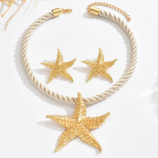 Golden Starfish Rope Choker Necklace & Stud Earrings Set