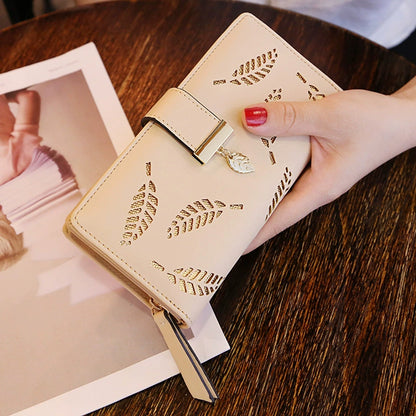 Chic Women's Brown Leaf Cutout Wallet with Charm