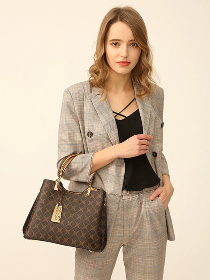 Elegant Brown Monogram Tote Bag with Gold Charm