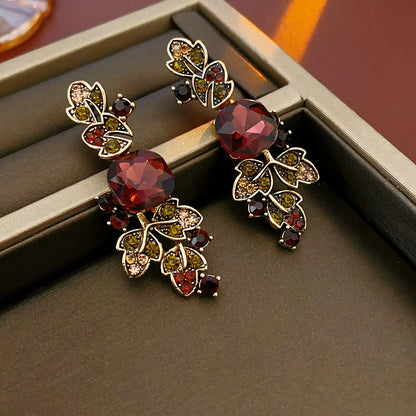 Vintage Bohemian Red Crystal Leaf Necklace & Earring Set