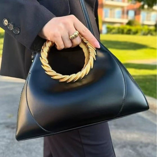 Luxury Black Trapezoid Bag with Golden Laurel Handle