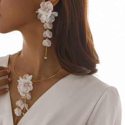 White Floral Petal Statement Choker & Dangle Earrings Set
