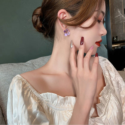 Elegant Purple Blossom & Crystal Drop Cluster Earrings
