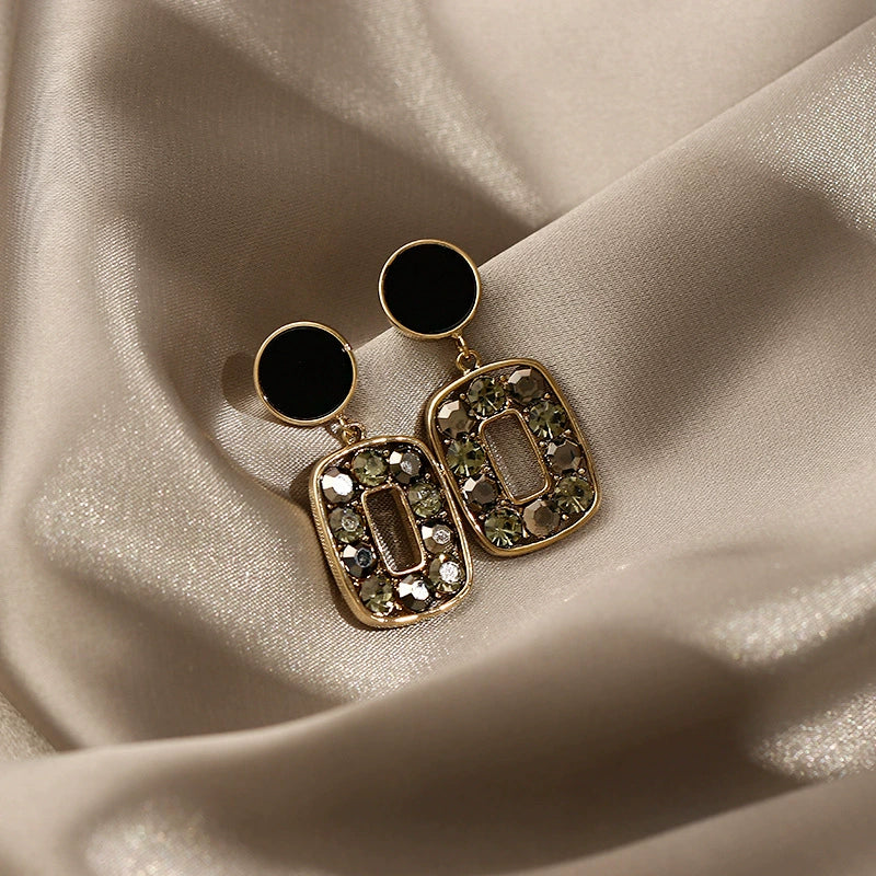 Chic Geometric Rhinestone Drop Earrings with Black Stud