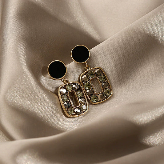 Chic Geometric Rhinestone Drop Earrings with Black Stud