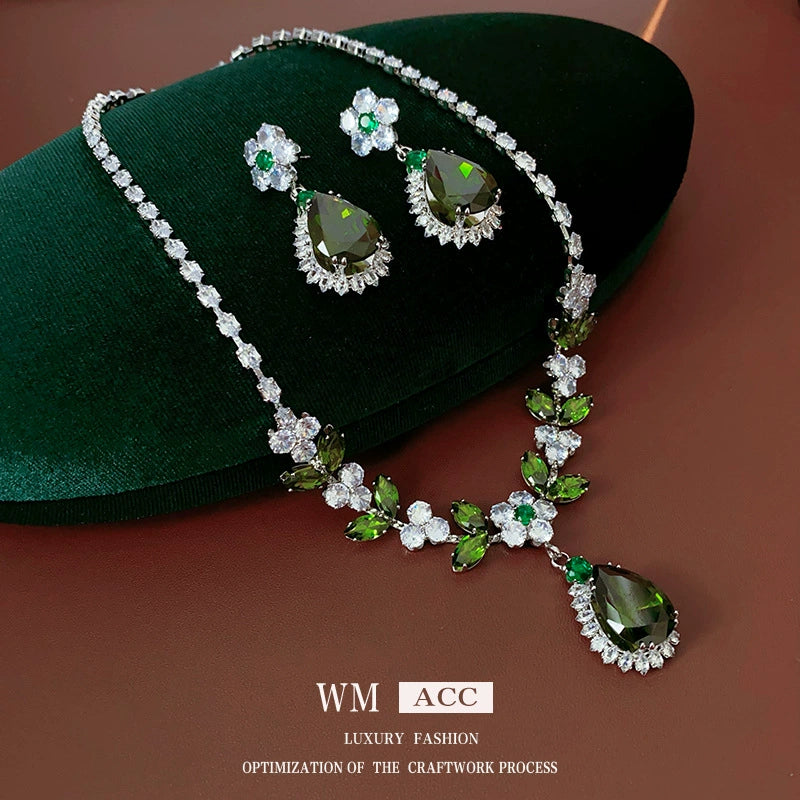 Luxury Emerald Green & White Crystal Floral Jewelry Set