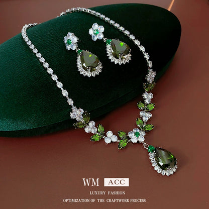 Luxury Emerald Green & White Crystal Floral Jewelry Set