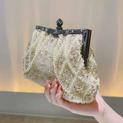 Elegant Pearl & Gold Beaded Vintage Evening Clutch