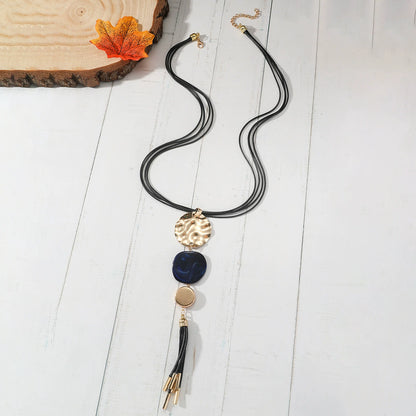 Bohemian Abstract Gold & Blue Tassel Long Necklace
