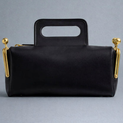 Elegant Black Leather Frame Bag with Gold Clasp