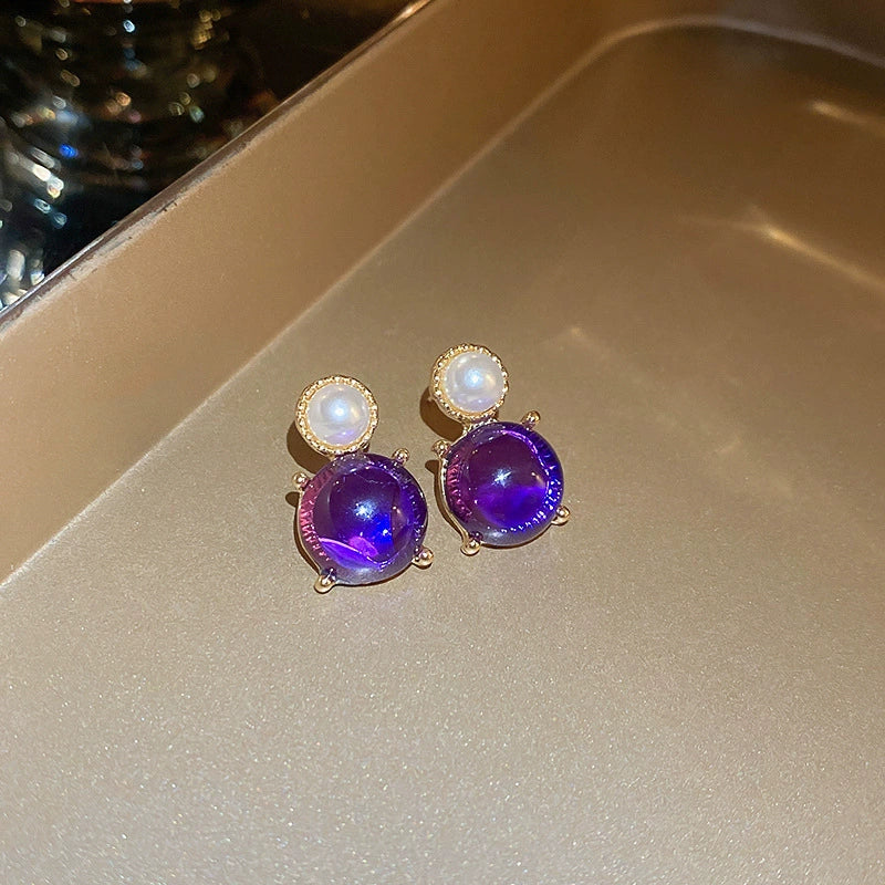 Elegant Purple Iridescent Stone & Pearl Drop Earrings