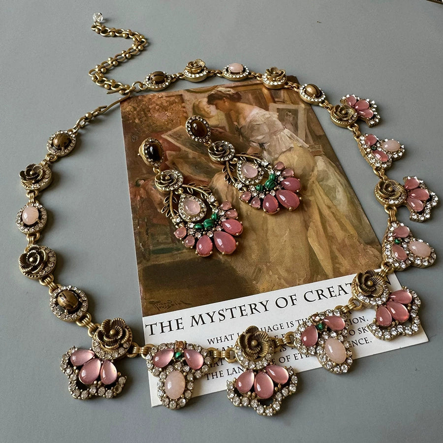 Vintage Rose Quartz & Malachite Statement Jewelry Set