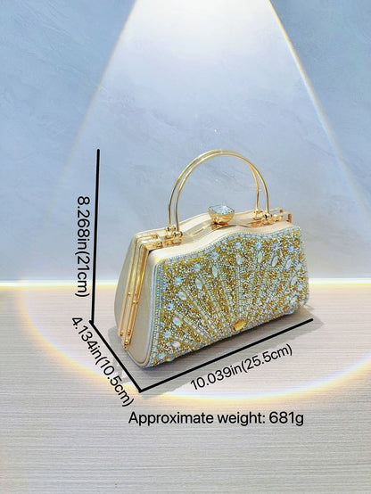Elegant Black Rhinestone Evening Clutch Bag with Gold Handle