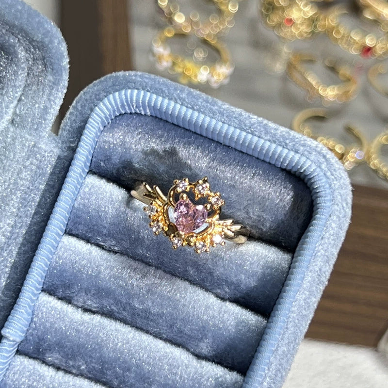 Enchanted Heart Gold Ring with Pink Gemstone Accents