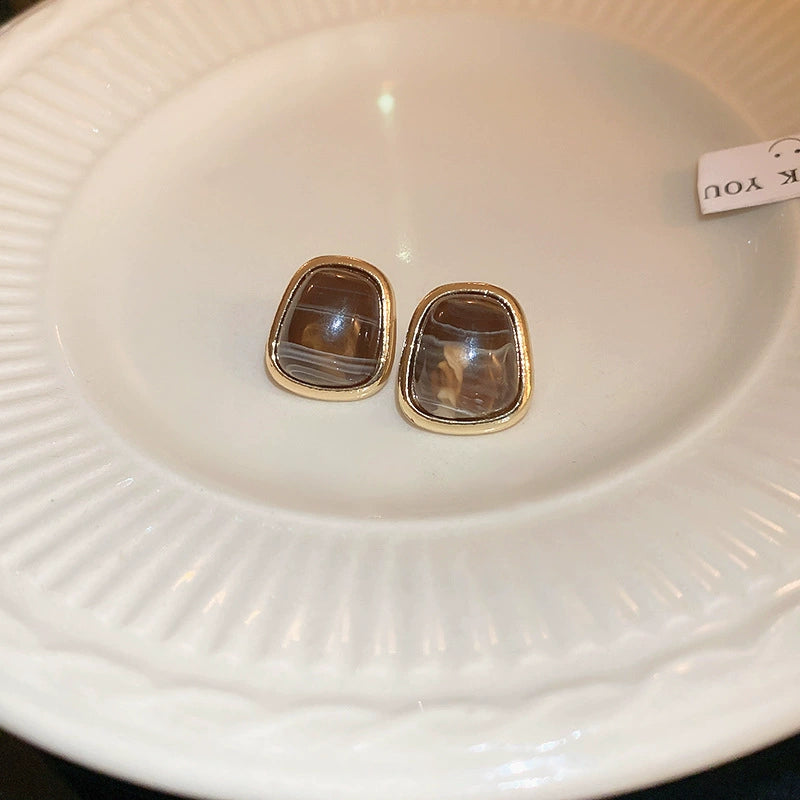 Elegant Brown Agate & Gold Frame Stud Earrings