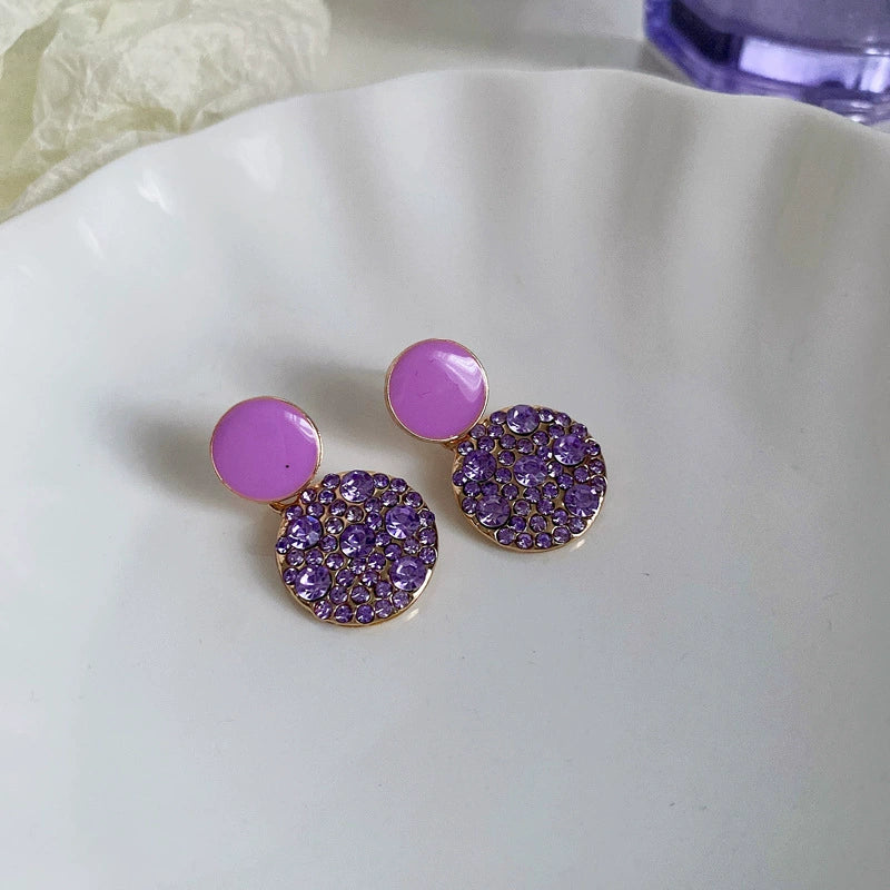 Chic Lavender Enamel & Crystal Drop Earrings - Gold Finish