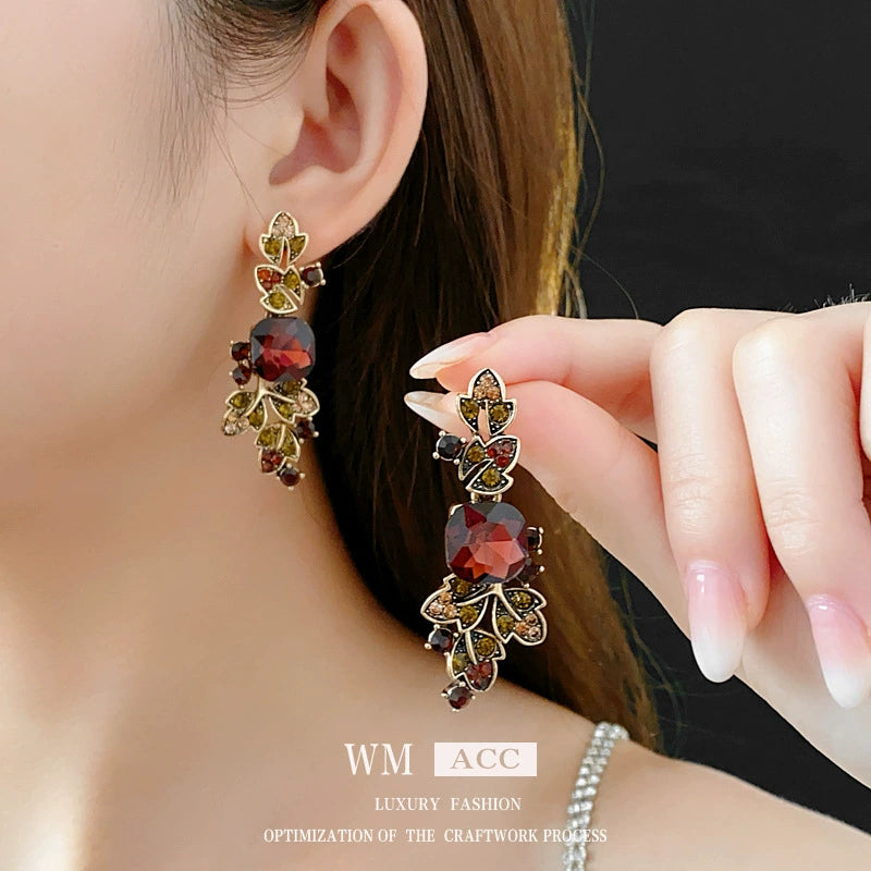 Vintage Bohemian Red Crystal Leaf Necklace & Earring Set