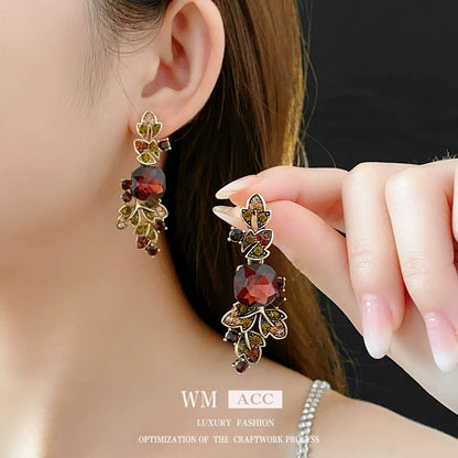 Vintage Bohemian Red Crystal Leaf Necklace & Earring Set
