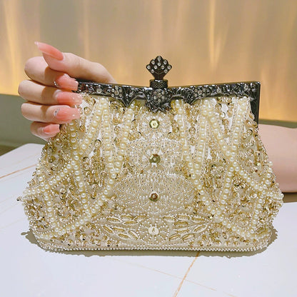 Elegant Pearl & Gold Beaded Vintage Evening Clutch