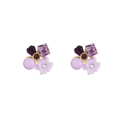 Elegant Purple Blossom & Crystal Drop Cluster Earrings