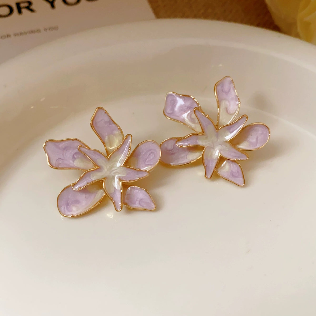 Lavender Enamel Floral Stud Earrings with Gold Trim