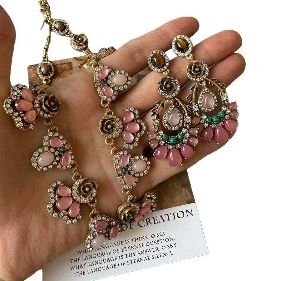 Vintage Rose Quartz & Malachite Statement Jewelry Set