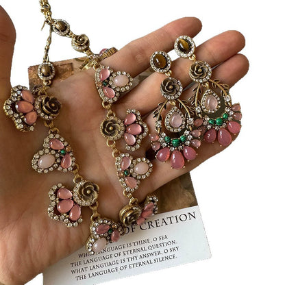 Vintage Rose Quartz & Malachite Statement Jewelry Set