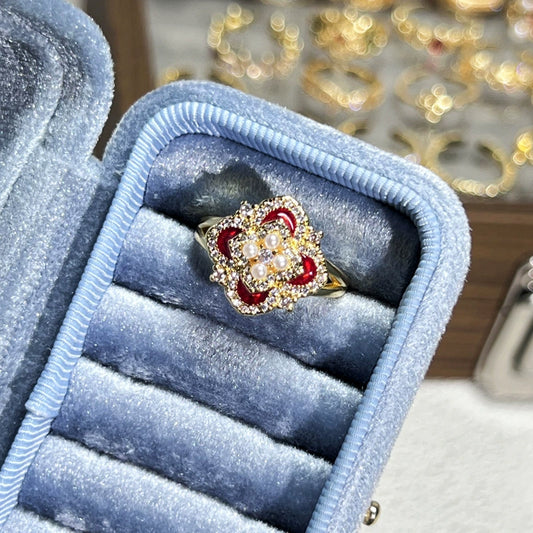 Elegant Red Enamel Clover Ring with Pearl & CZ Accents