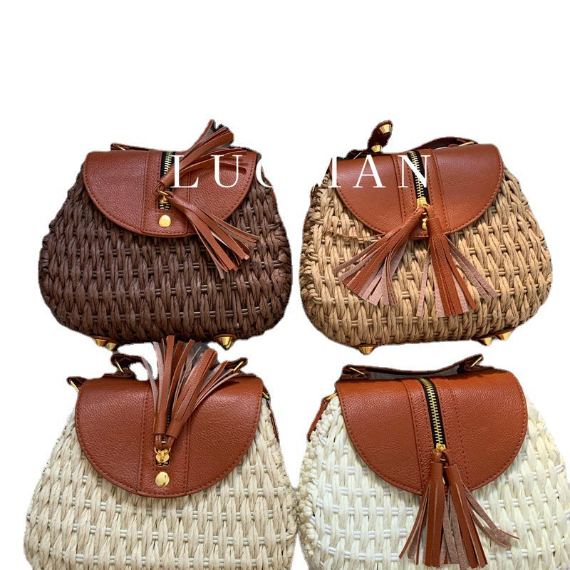 Chic Woven Straw Bag with Leather Flap & Tassel