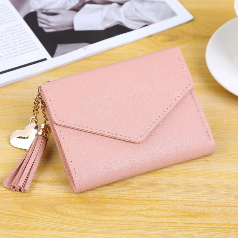 Chic Pink Compact Wallet with Heart Tassel Charm