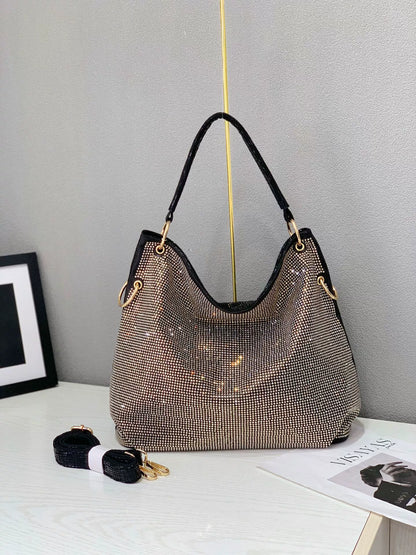 Sparkling Rhinestone Shoulder Hobo Bag with Detachable Strap