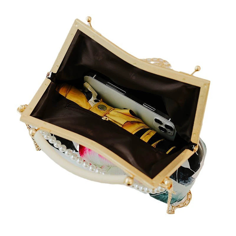 Elegant Oriental Lotus Floral Clutch Bag with Pearl Chain