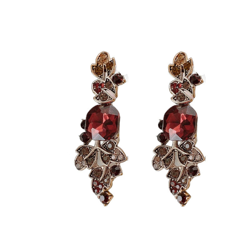 Vintage Bohemian Red Crystal Leaf Necklace & Earring Set