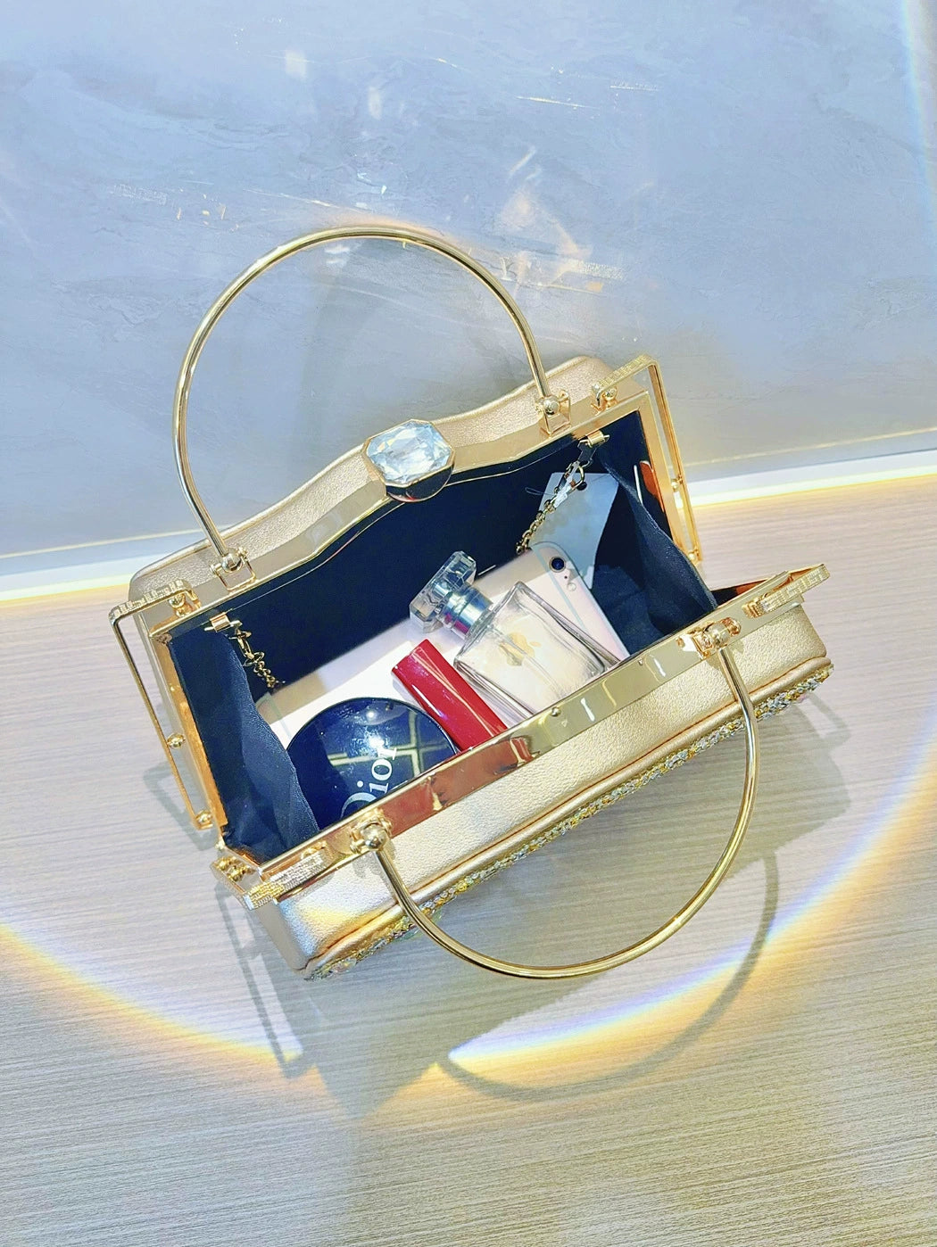 Elegant Black Rhinestone Evening Clutch Bag with Gold Handle