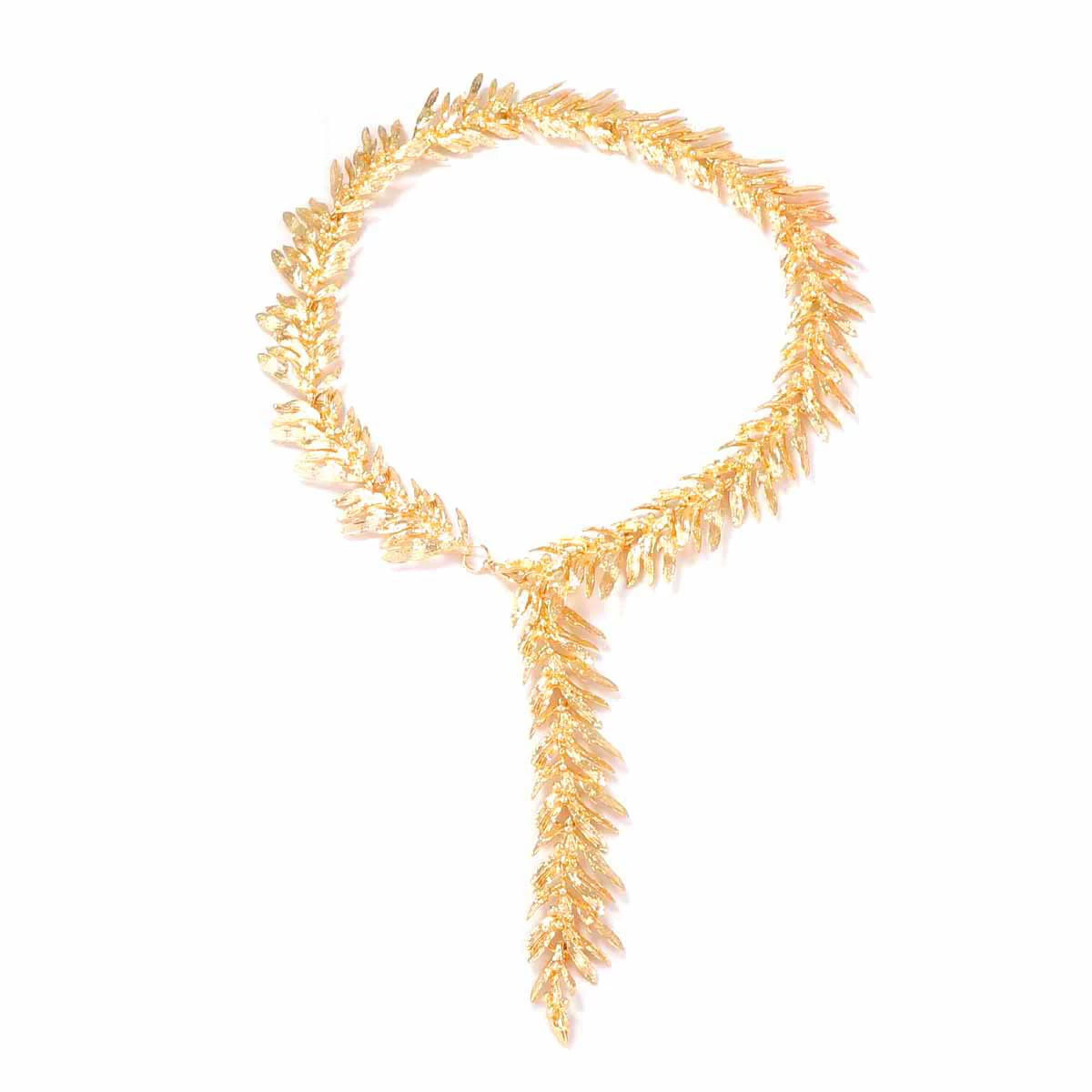 Elegant Gold Leaf Design Lariat Necklace