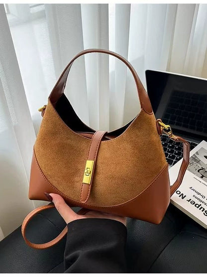 Chic Black Suede & Leather Hobo Handbag