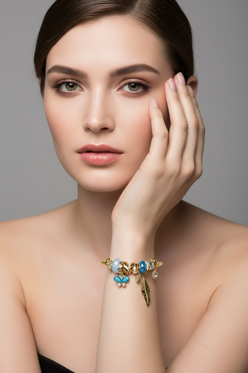 Whimsical Gold & Blue Charm Bracelet Butterfly Feather