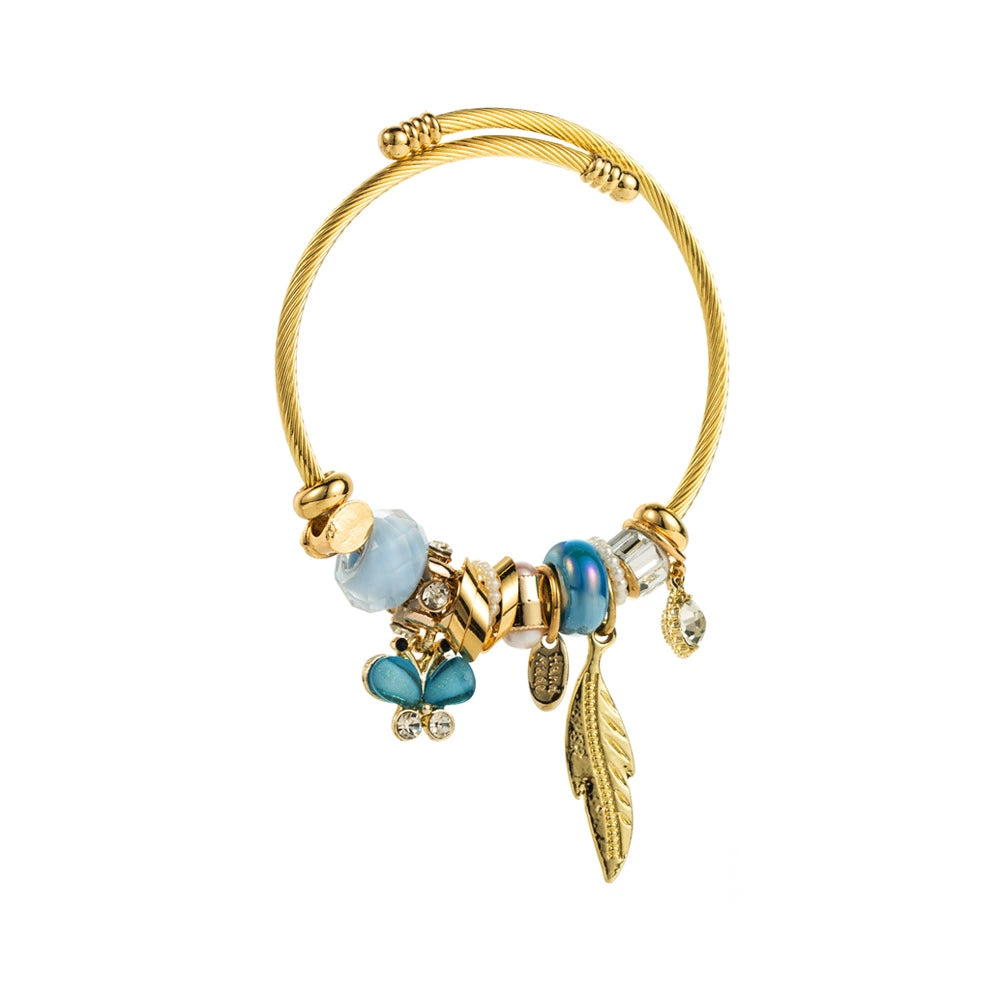 Whimsical Gold & Blue Charm Bracelet Butterfly Feather