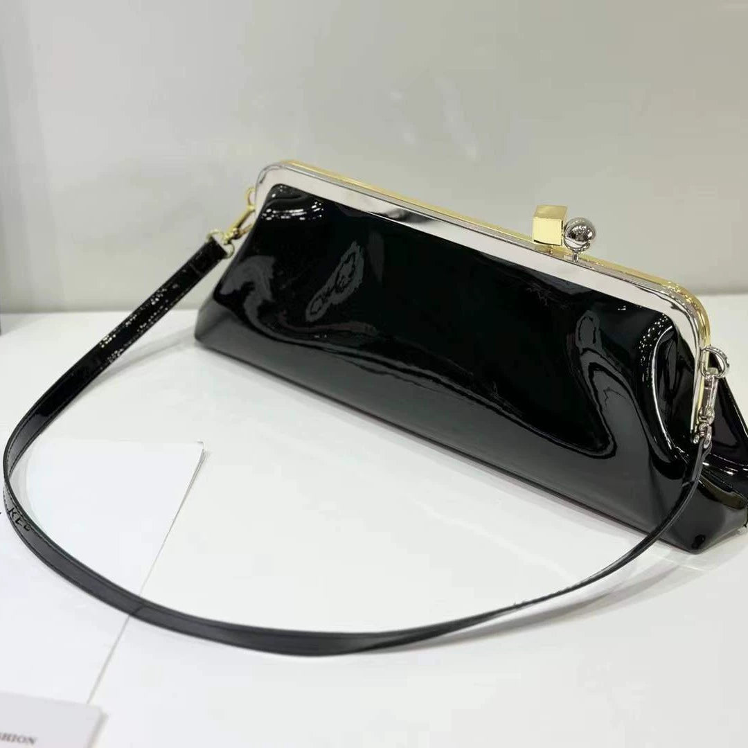 Retro Glam Brown Patent Leather Shoulder Bag with Frame Clasp