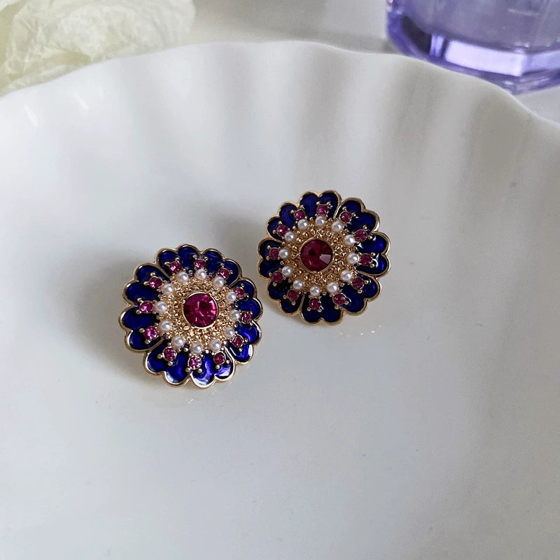 Elegant Blue Enamel Floral Stud Earrings with Pearls