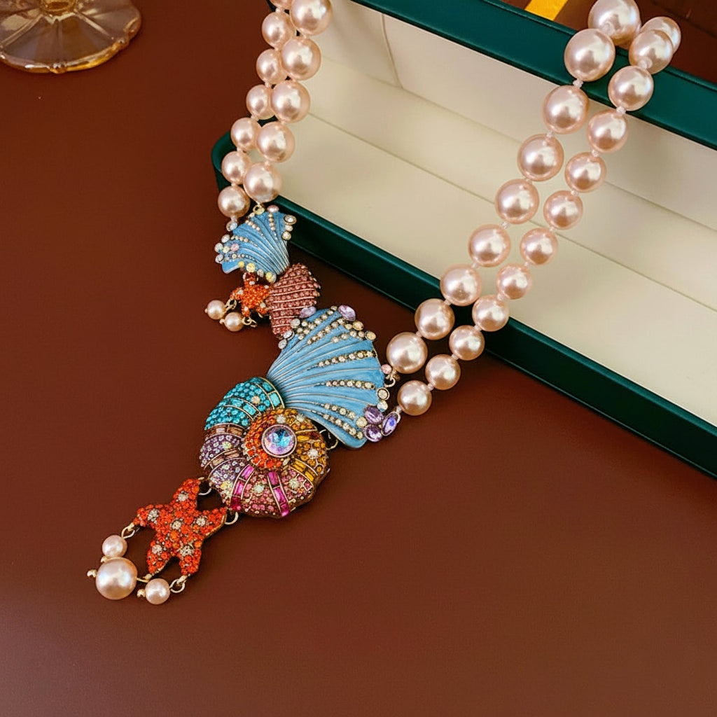 A pair of ornate drop earrings displayed on a dark green jewelry box against a brown background. The earrings feature gold-tone metal with light blue enamel shell tops, multicolored rhinestone clusters in pink, purple, and orange, and a central iridescent stone.