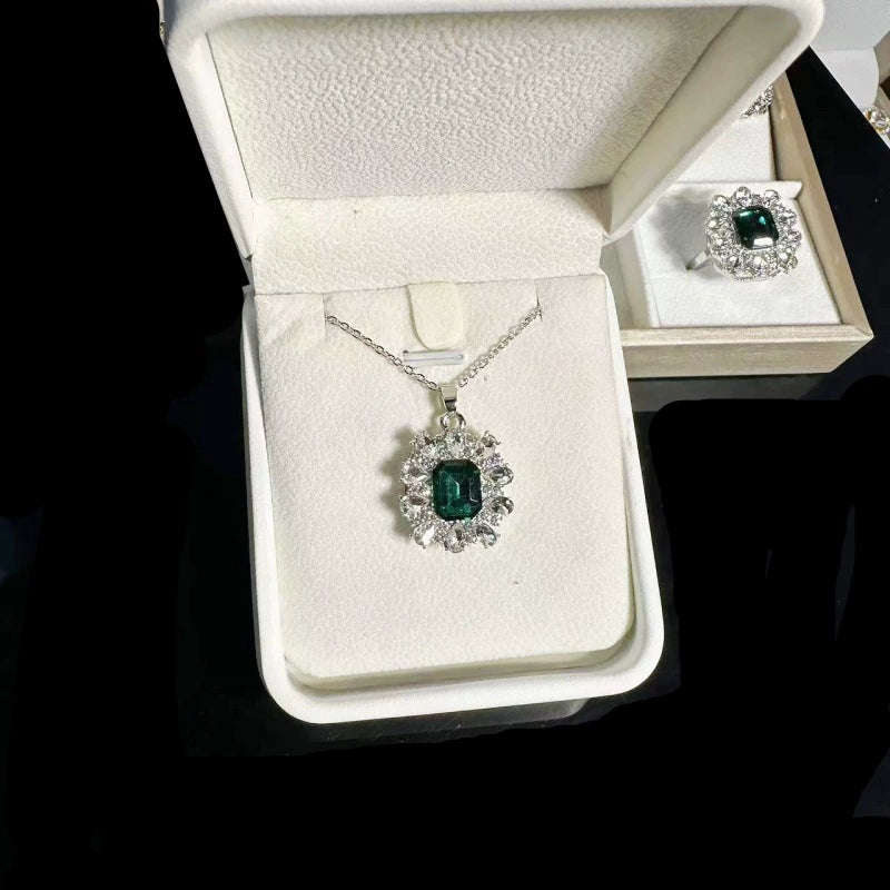 Elegant Emerald & Silver Tone Jewelry Set - 3 Pcs