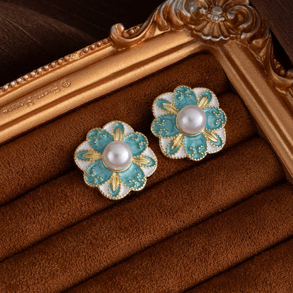 Elegant Pearl & Turquoise Enamel Floral Stud Earrings