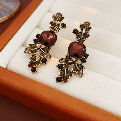 Vintage Bohemian Red Crystal Leaf Necklace & Earring Set