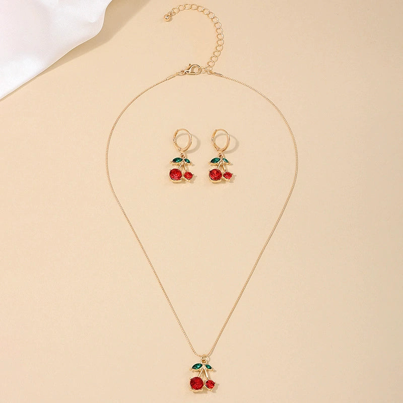 Chic Cherry Red Gemstone Jewelry Set - Necklace & Earrings