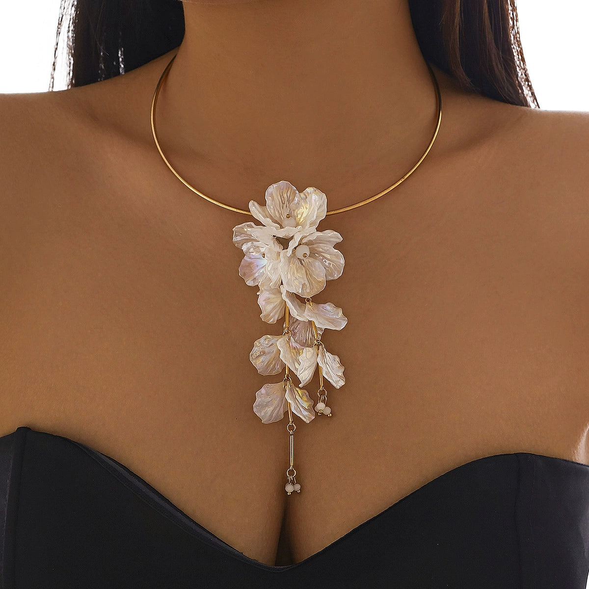 White Floral Petal Statement Choker & Dangle Earrings Set